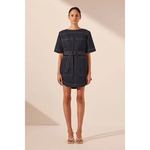 Shona Joy Womens Sz 12 Rita Patch Pocket Mini Dress in Deep Indigo Dark Wash NEW - Picture 2 of 10